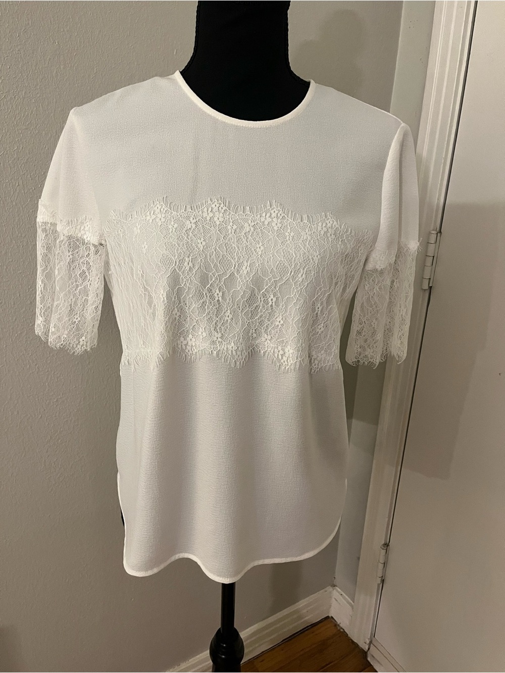 Zara White/Ivory Lace-Panel Short Sleeve Blouse Size S
